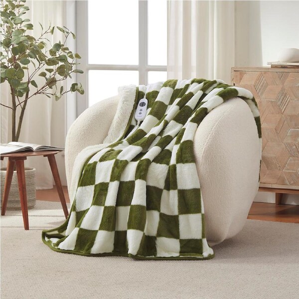 Dreamaker Checkered Plush Heated Throw Olive & Cream 180x200cm