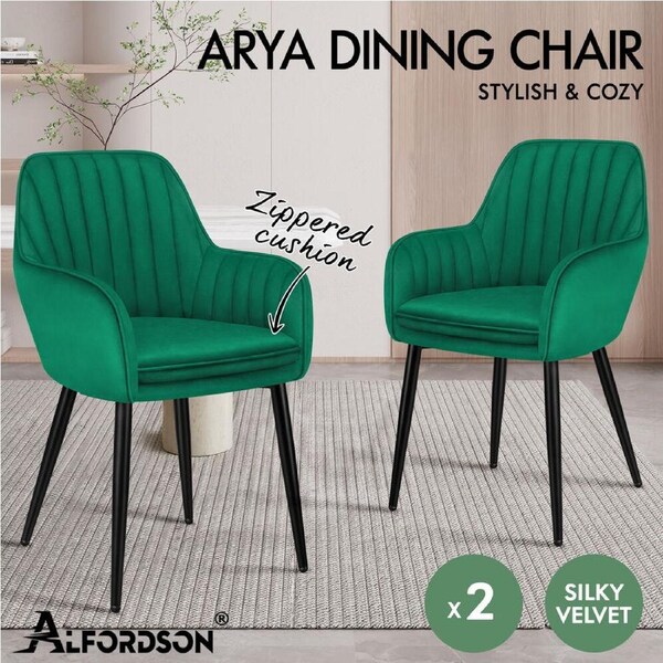 ALFORDSON 2/4x Armchair Dining Chair Kitchen Accent Sofa Couch Granular Velvet Velvet fabric - Green x 2