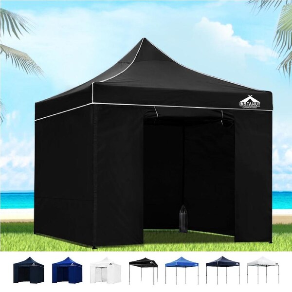 Instahut Gazebo 3x3 Pop Up Marquee Folding Tent Wedding Gazebos Camping Outdoor Shade Canopy Black Black w/ Cover