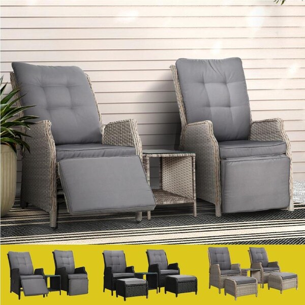 Gardeon Outdoor Chairs Recliner Lounge Setting Wicker Patio Furniture Grey - 1x Chair + 1x Ottoman
