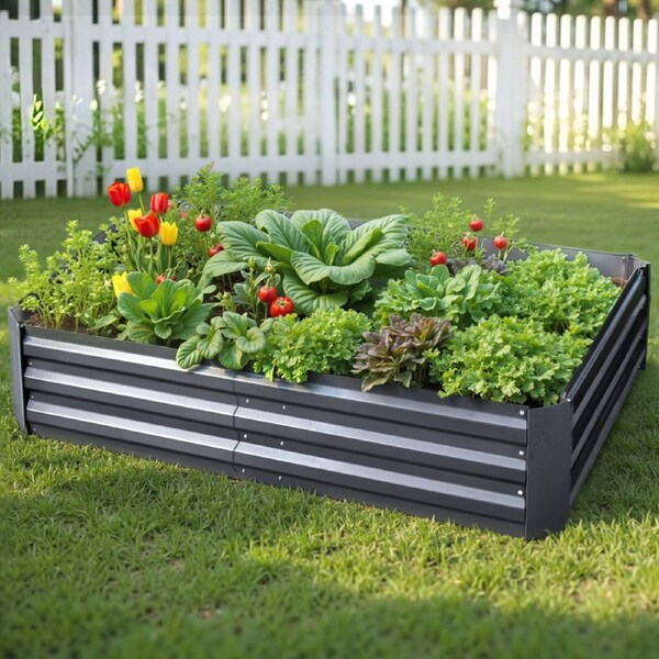 Green Fingers 150x90cm Galvanised Steel Raised Garden Bed Planter Aluminium Grey Model 1