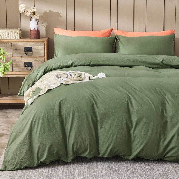 LINENOVA 100% Cotton Quilt Cover Set Stonedwashed Super Soft, Breathable, Durable For All Seasons Single / Khaki Green