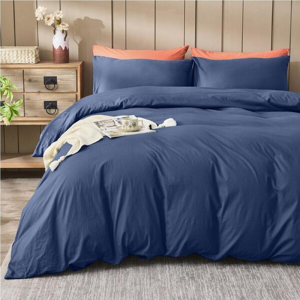 LINENOVA 100% Cotton Quilt Cover Set Stonedwashed Super Soft, Breathable, Durable For All Seasons Queen / Navy