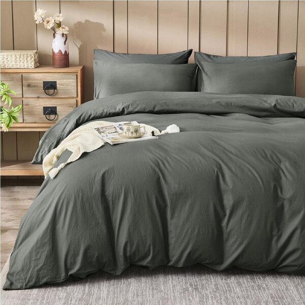 LINENOVA 100% Cotton Quilt Cover Set Stonedwashed Super Soft, Breathable, Durable For All Seasons King / Charcoal