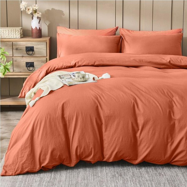 LINENOVA 100% Cotton Quilt Cover Set Stonedwashed Super Soft, Breathable, Durable For All Seasons King / Rust
