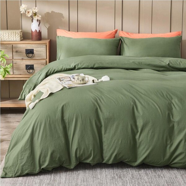 LINENOVA 100% Cotton Quilt Cover Set Stonedwashed Super Soft, Breathable, Durable For All Seasons King / Khaki Green