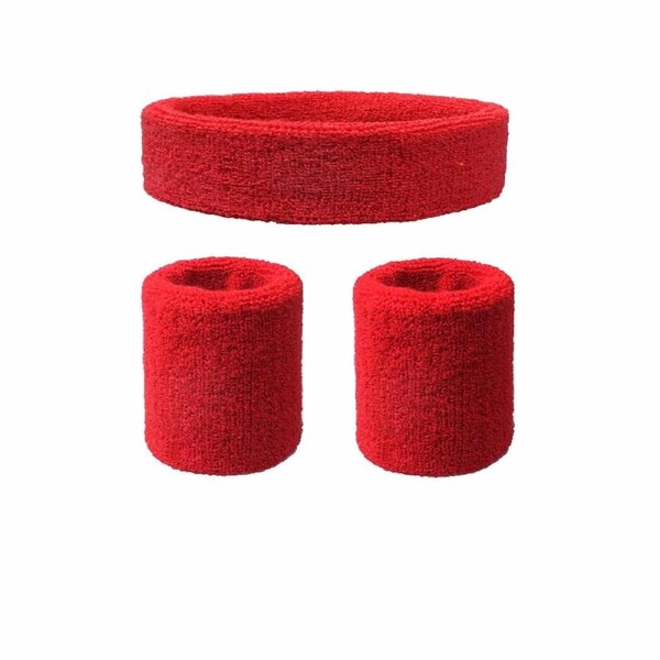 2 Wristbands 1 Headband Cotton Sweatbands Sport Tennis Yoga Badminton Tennis Red