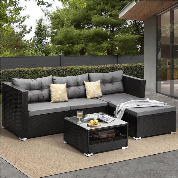 Livsip 5-Piece Outdoor Sofa Set Wicker Rattan Lounge Setting Table Chairs Black