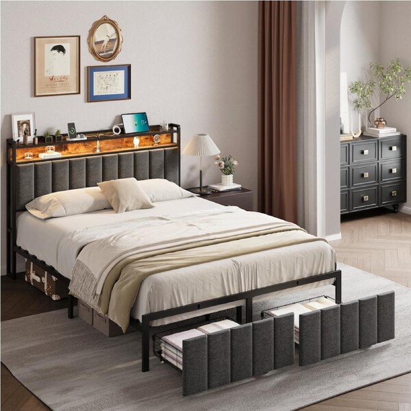 HOMFURN Double Queen King Bed Frame with 2 Storage Drawers and LED Lights Headboard, Upholstered Bed Frame with Charging Station, No Box Spring Needed, Easy Assembly - Grey Double