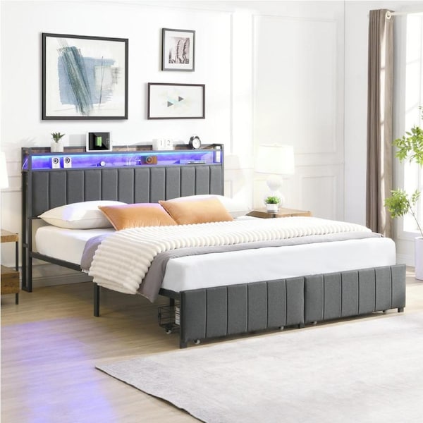 HOMFURN Double Queen King Bed Frame with 2 Storage Drawers and LED Lights Headboard, Upholstered Bed Frame with Charging Station, No Box Spring Needed, Easy Assembly - Grey King