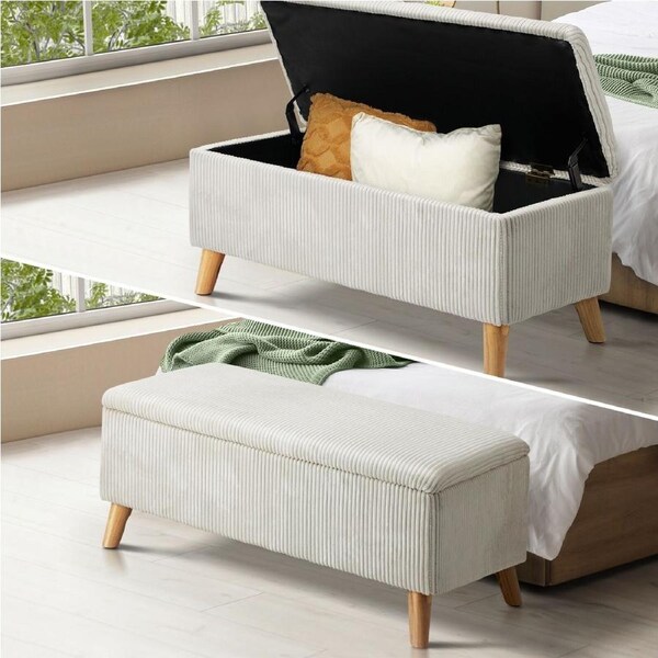Oikiture Storage Ottoman Bench Blanket Box Chest Toy Foot Stool Boucle Velvet Velvet Beige
