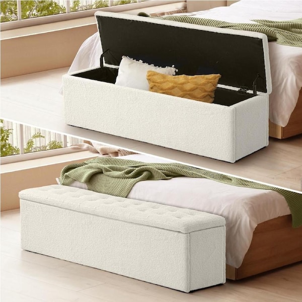 Oikiture 140 cm Storage Ottoman Blanket Box Foot Stool Bench Chest Toy LARGE Sherpa White