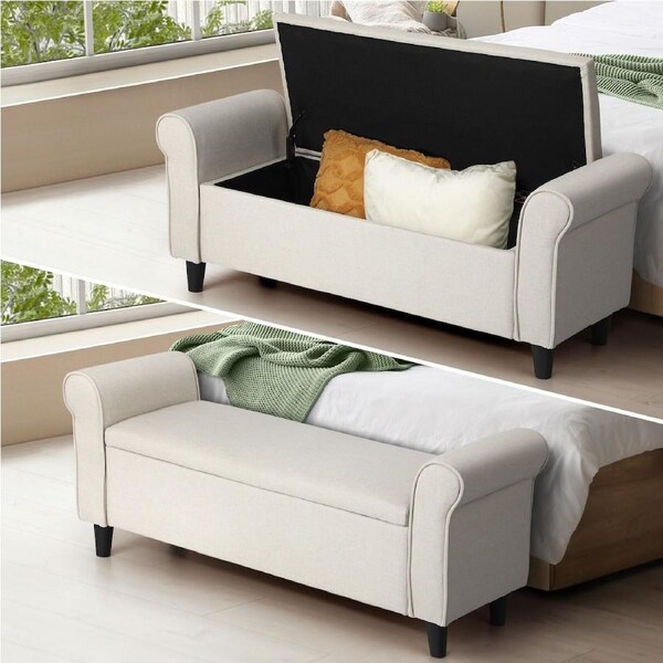 Oikiture Storage Ottoman Blanket Box Linen Fabric Arm Foot Stool Couch Bench Beige