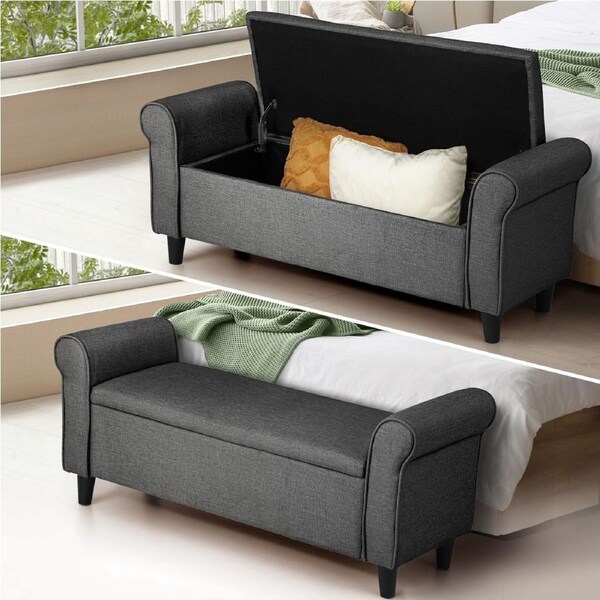 Oikiture Storage Ottoman Blanket Box Linen Fabric Arm Foot Stool Couch Bench Grey