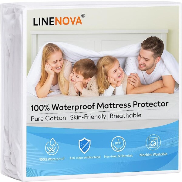 LINENOVA Waterproof 100% Cotton Mattress Protector 40CM Deep Fitted Anti Dust Mite With TPU Layer Double / 2 PCS