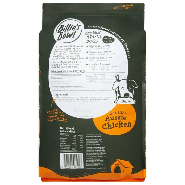 Billie's Bowl Large Breed Adult with Aussie Chicken Dry Dog Food 10kg