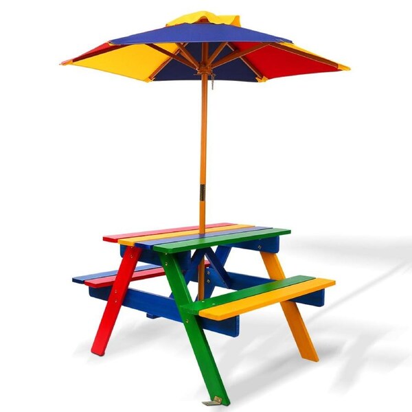 Keezi Kids Outdoor Table and Chairs Picnic Bench Umbrella Set Water Sand Pit Box Removable table w/ iron umbrella