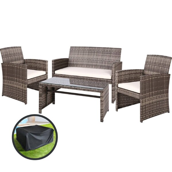 Gardeon 4 PCS Outdoor Furniture Setting Lounge Dining Set Wicker Chair Table Model 1- w/Storage cover / Grey