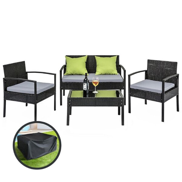 Gardeon 4 PCS Outdoor Furniture Setting Lounge Dining Set Wicker Chair Table Model 5- w/Storage Cover / Black