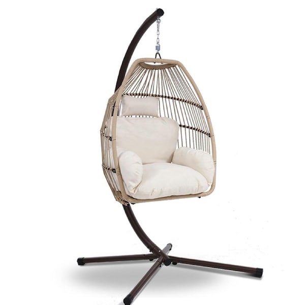 Gardeon Egg Swing Chair with Stand Outdoor Furniture Hanging Chair Latte