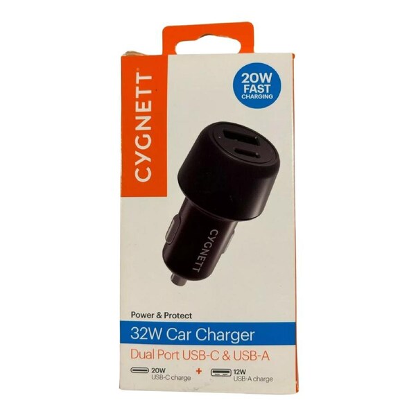 Cygnett 32W Car Charger Dual Port USB-C&A CY4036PPCCH - Black Black
