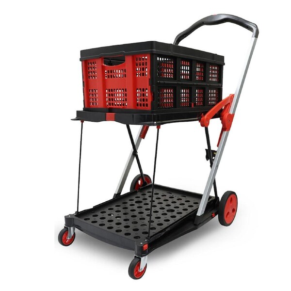 Heavy Duty Shopping Trolley 2-Tier Foldable Utility Cart with Removable Crates Lockable Wheels Foot Brake Swivel Casters Multi-Purpose Rolling Cart for Shopping Office Hospital and Warehouse Trolley With One Basket