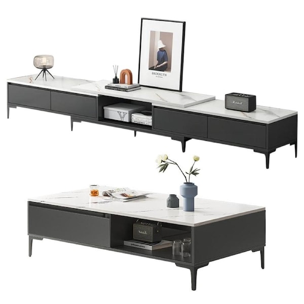 Foret Coffee Table Expandable TV Stand Set Modern Drawer Open Shelf Living Room TV Stand and Coffee Table