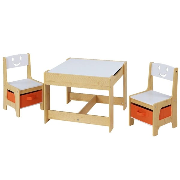 Keezi 3PCS Kids Table and Chairs Set Children Furniture Play Toys Storage Box White and Colourful