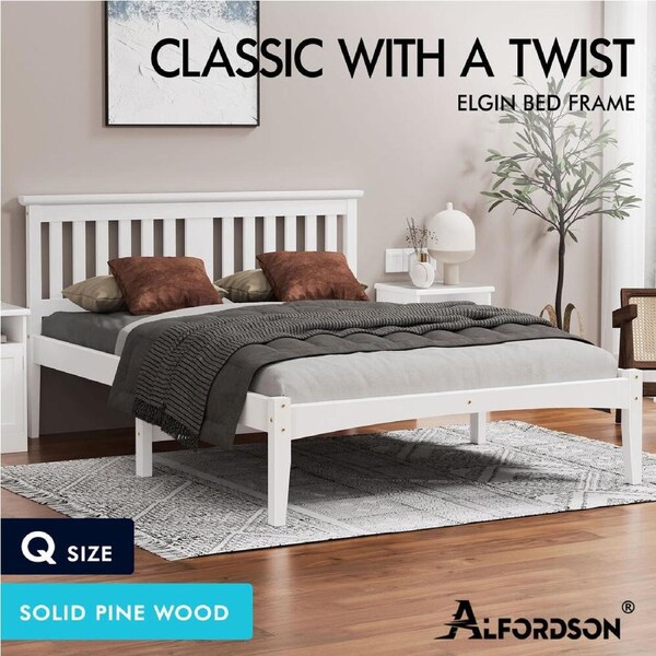 ALFORDSON Bed Frame Queen Double King Single Size Wooden Mattress Base ELGIN King Single - White