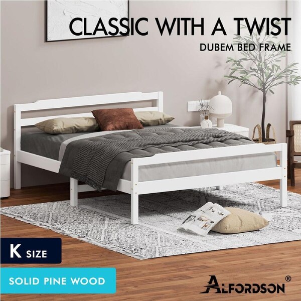 ALFORDSON Bed Frame Wooden Queen Double King Single Base Platform Timber DUBEM King - White