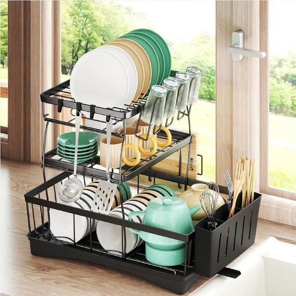 Toque Dish Drying Rack 1/3 Tier Plate Drainer Cutlery Holder Kitchen Organizer 3 Tier