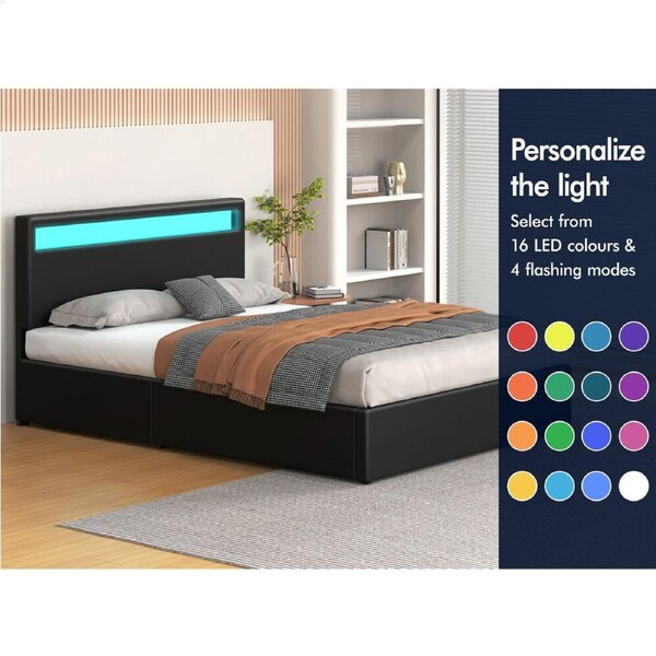 ALFORDSON Bed Frame Double Queen King Single RGB LED Gas Lift Storage Base Black Single