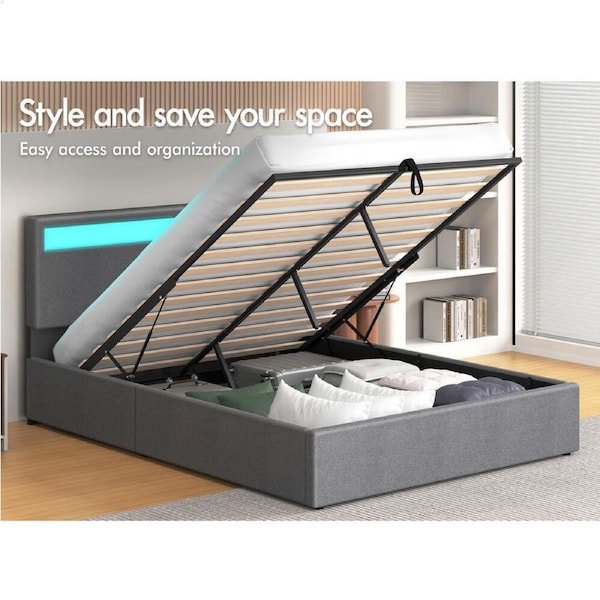 ALFORDSON Bed Frame Double Queen King Single RGB LED Gas Lift Storage Base Grey Single