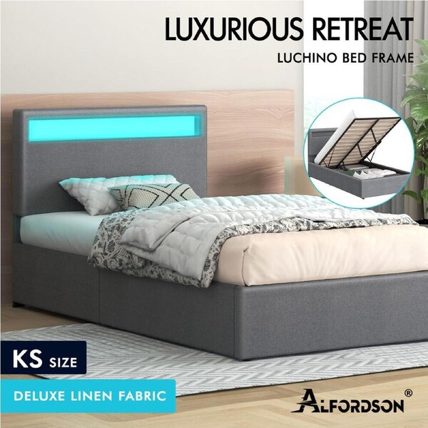 ALFORDSON Bed Frame Double Queen King Single RGB LED Gas Lift Storage Base Grey King Single