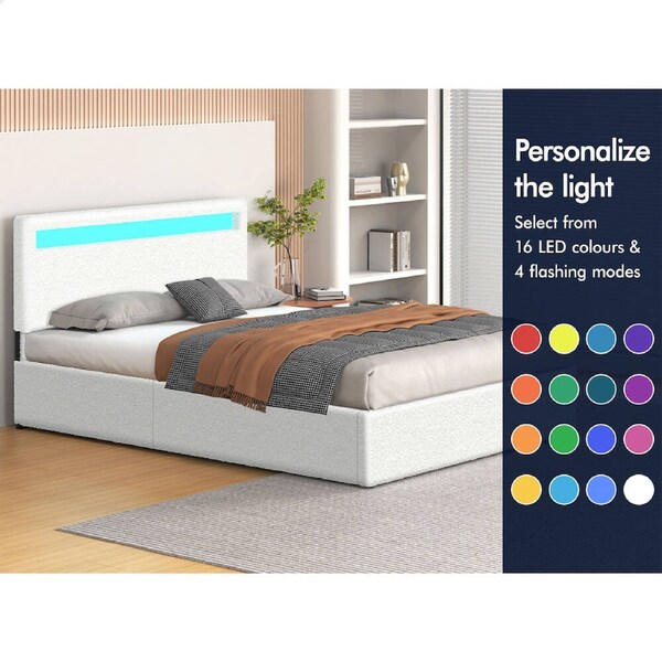 ALFORDSON Bed Frame Double Queen King Single RGB LED Gas Lift Storage Base White Single