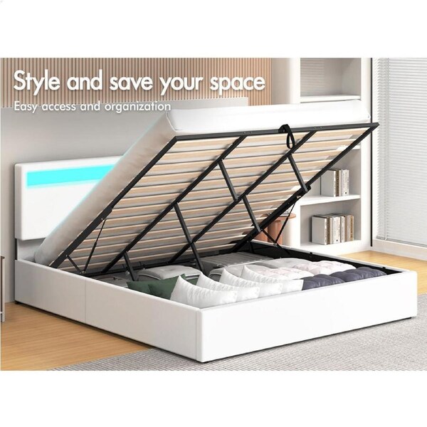 ALFORDSON Bed Frame Double Queen King Single RGB LED Gas Lift Storage Base White Single