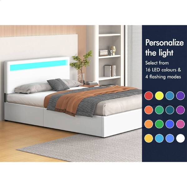 ALFORDSON Bed Frame Double Queen King Single RGB LED Gas Lift Storage Base White King Single