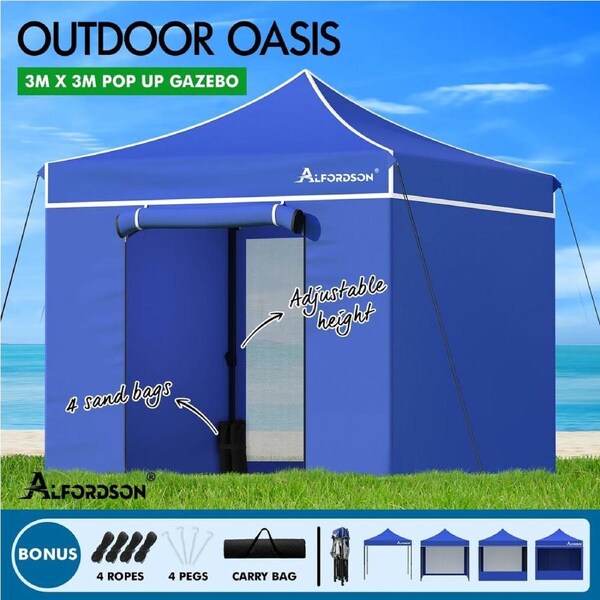 ALFORDSON Gazebo Pop Up Marquee 3x3m 3x4.5m 3x6m Outdoor Folding Tent Canopy 3x3m Blue + 5 removable walls