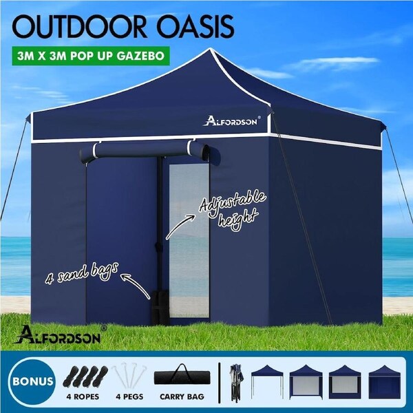ALFORDSON Gazebo Pop Up Marquee 3x3m 3x4.5m 3x6m Outdoor Folding Tent Canopy 3x3m Navy + 5 removable walls