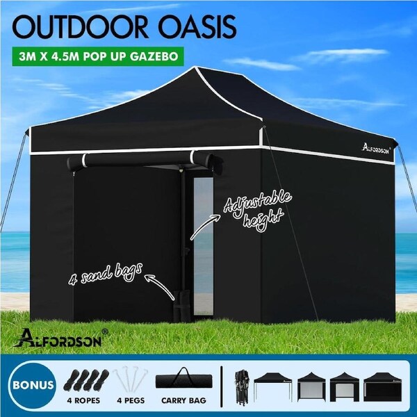 ALFORDSON Gazebo Pop Up Marquee 3x3m 3x4.5m 3x6m Outdoor Folding Tent Canopy 3x4.5m Black + 6 removable walls