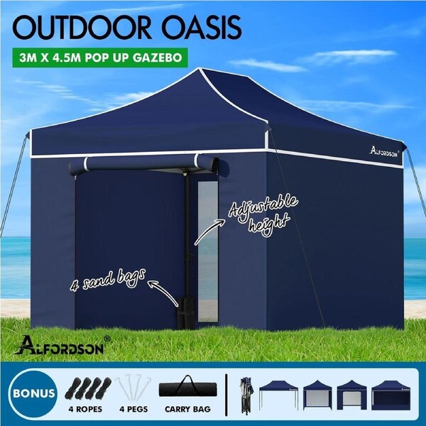 ALFORDSON Gazebo Pop Up Marquee 3x3m 3x4.5m 3x6m Outdoor Folding Tent Canopy 3x4.5m Navy + 6 removable walls