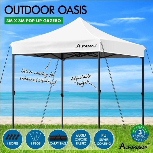 ALFORDSON Gazebo 3x3m 3x4.5m 3x6m Pop Up Marquee Outdoor Folding Tent Canopy 3x3m White