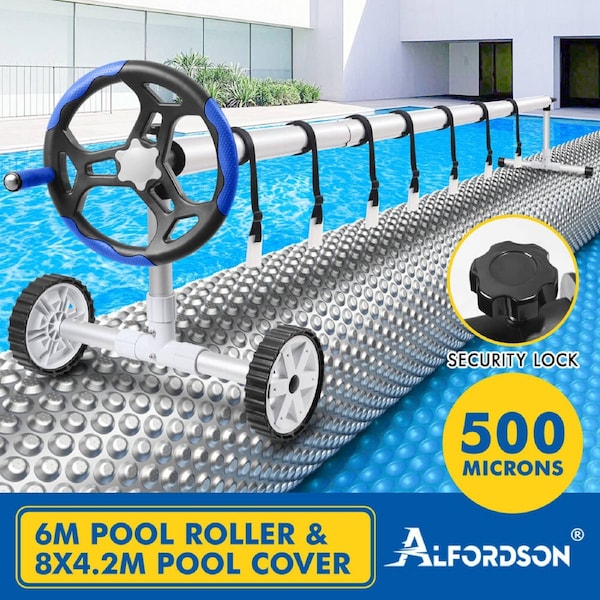 ALFORDSON Pool Cover 500 Micron Solar Blanket Roller Isothermal Swimming Set 6M Blue Roller + 8x4.2M Cover