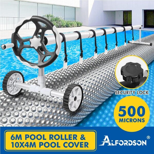 ALFORDSON Pool Cover 500 Micron Solar Blanket Roller Isothermal Swimming Set 6M Grey Roller + 10x4M Cover