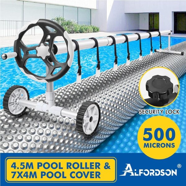 ALFORDSON Pool Cover 500 Micron Solar Blanket Roller Isothermal Swimming Set 4.5M Grey Roller + 7x4M Cover