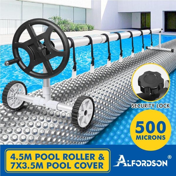 ALFORDSON Pool Cover 500 Micron Solar Blanket Roller Isothermal Swimming Set 4.5M Black Roller + 7x3.5M Cover