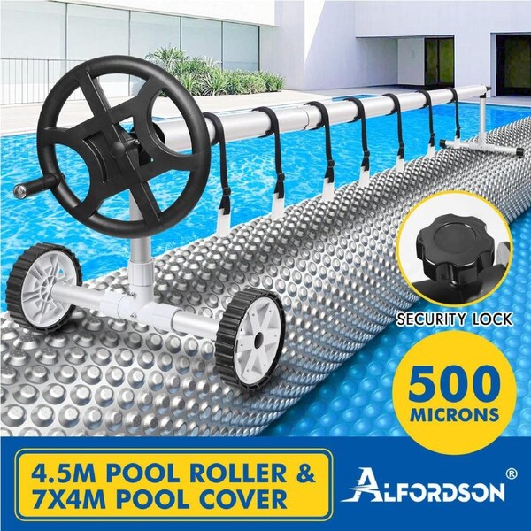 ALFORDSON Pool Cover 500 Micron Solar Blanket Roller Isothermal Swimming Set 4.5M Black Roller + 7x4M Cover