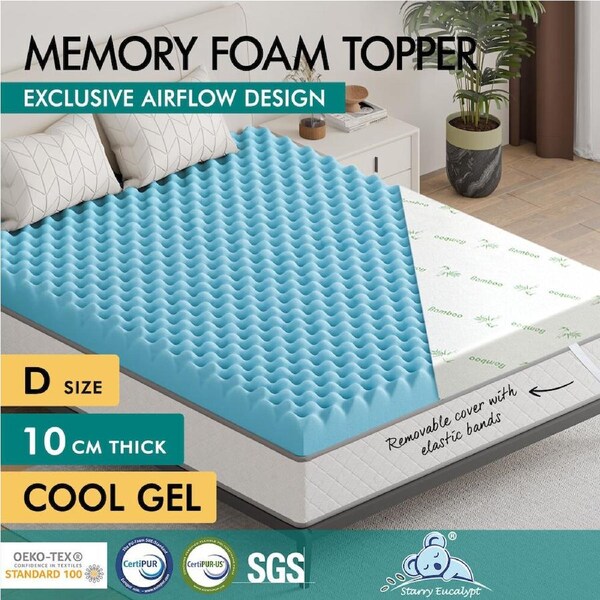 STARRY EUCALYPT Memory Foam Mattress Topper 5/8/10cm Airflow Gel Bamboo Cover 10cm - Double