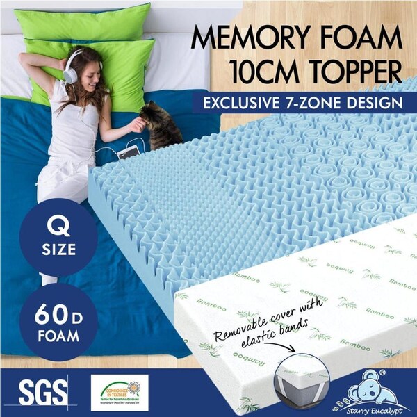 STARRY EUCALYPT Memory Foam Mattress Topper 7-Zone 5/8/10cm Gel Bamboo Fabric 5cm - Queen
