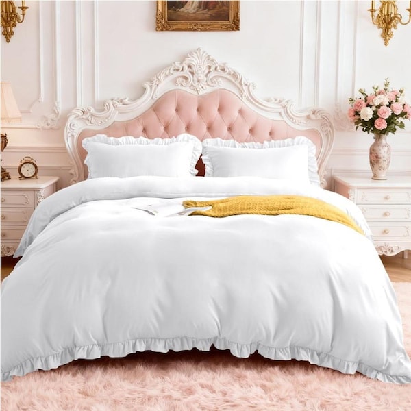 LINENOVA Ruffle Quilt Cover Set 2000TC Ultra Soft Microfiber Duvet Doona Cover Bed Bedding Single / White